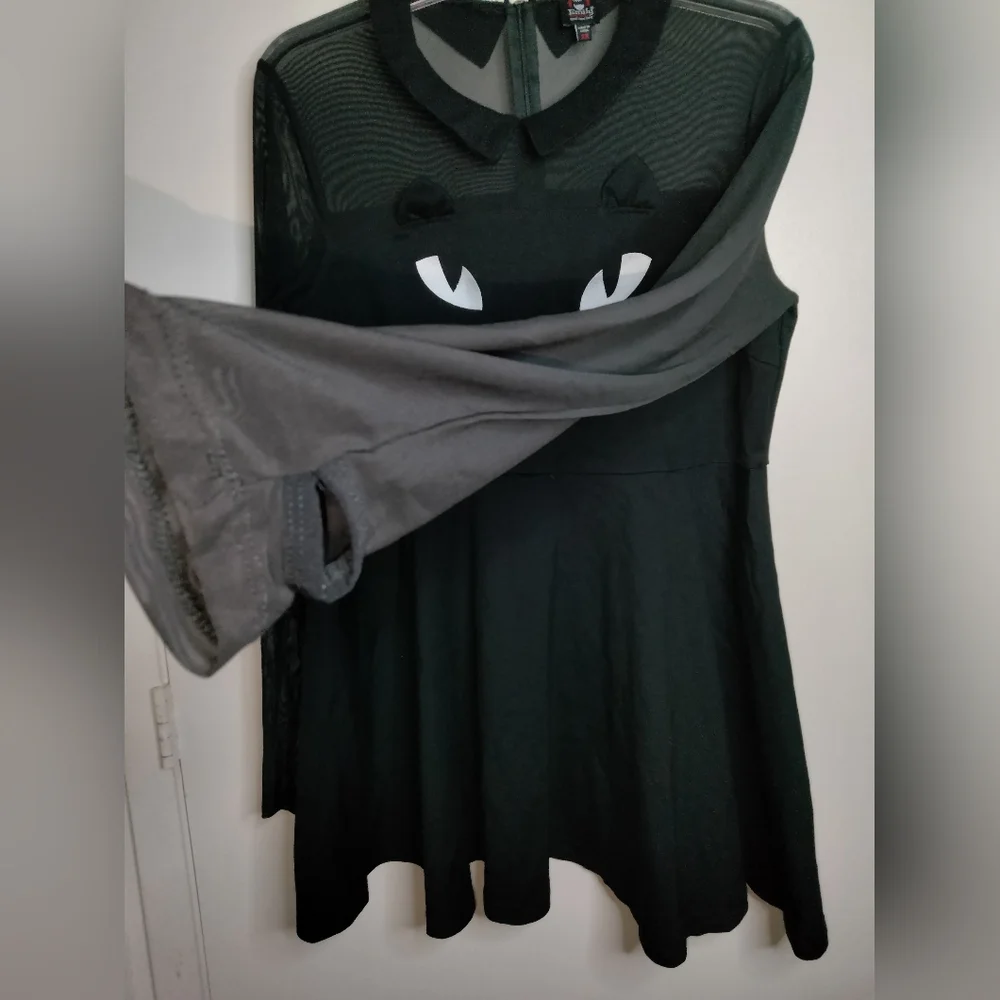 Dolls Kill x Emily (Size 2X) Black Cat Face Sheer Thumbhole Cuff LS Mini Dress - Picture 3 of 16